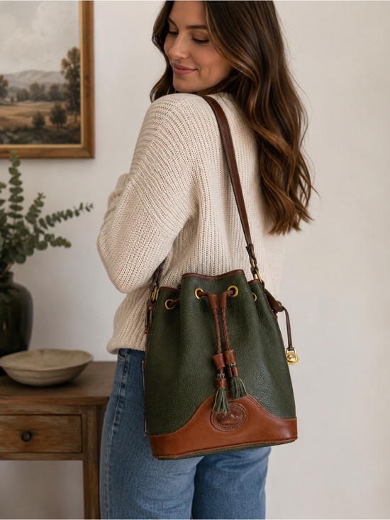 Dooney & Bourke Handbags - Vintage Dooney & Bourke Green AWL Drawstring Duck Bag Florentine Trim USA